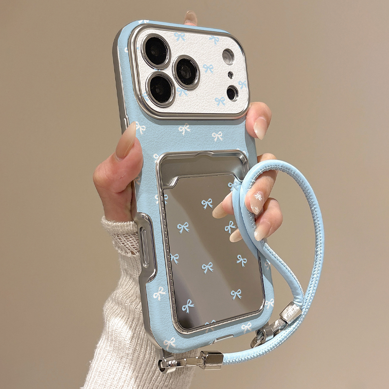 Place Card Holder - 可愛いリボン付きミラーカードホルダー付きiPhone17/16/15/14/13 Pro Max用スマホケース、ブルーリボンウォレットカードスロットケース、リストストラップ付き