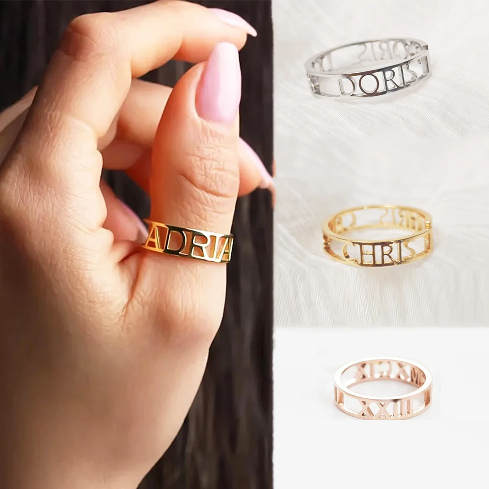 Wedding Zone - パーソナライズされたカスタム文字名オープンリング中空ステンレス鋼調節可能な結婚指輪女性ジュエリーバレンタインデーのギフト